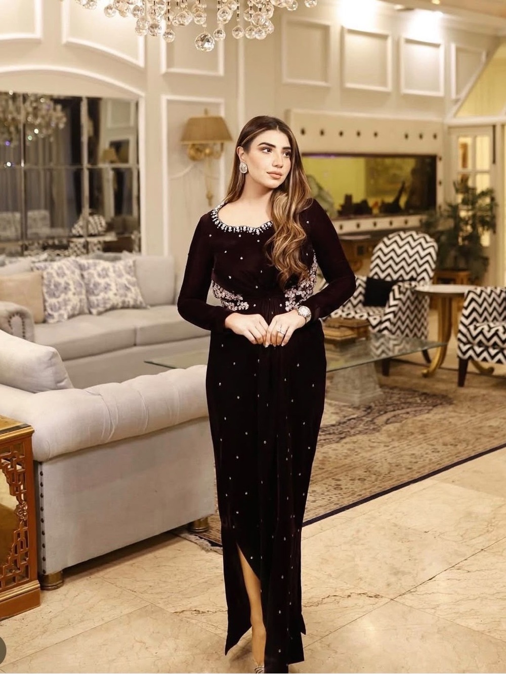 Beaded Black Velvet Long-Sleeve Wedding Dress